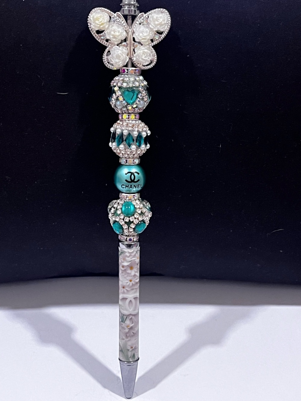 Designer inspired white rose butterfly decor focal fancy beaded pen!